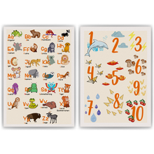 Laden Sie das Bild in den Galerie-Viewer, 2er Set Kinderposter Tiere ABC, Zahlen Lernposter Kinderzimmer Wandbilder Kindergarten Grundschule Alphabet Lernhilfe für Kinder