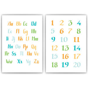 ABC Kinderposter 2er Set Alphabet Lernposter Buchstaben & Zahlen | Kinderzimmer Wandbilder Einschulung Kindergarten Grundschule Lernhilfe für Kinder