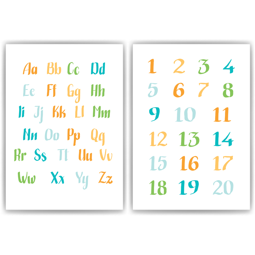 ABC Kinderposter 2er Set Alphabet Lernposter Buchstaben & Zahlen | Kinderzimmer Wandbilder Einschulung Kindergarten Grundschule Lernhilfe für Kinder