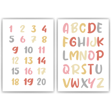 Laden Sie das Bild in den Galerie-Viewer, ABC Kinderposter 2er Set Alphabet Lernposter Buchstaben & Zahlen | Kinderzimmer Wandbilder Einschulung Kindergarten Grundschule Lernhilfe für Kinder