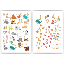 Laden Sie das Bild in den Galerie-Viewer, Kinderposter 2er Set Tiere ABC, Zahlen Lernposter Kinderzimmer Wandbilder Einschulung Kindergarten Grundschule Alphabet Lernhilfe für Kinder
