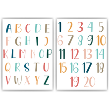 Laden Sie das Bild in den Galerie-Viewer, ABC Kinderposter 2er Set Alphabet Lernposter Buchstaben & Zahlen | Kinderzimmer Wandbilder Kindergarten Grundschule Kinder Lernhilfe Poster