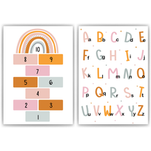 Laden Sie das Bild in den Galerie-Viewer, ABC Kinderposter Alphabet 2er Set Lernposter Buchstaben & Zahlen | Kinderzimmer Wandbilder Kindergarten Grundschule Kinder Lernhilfe Poster