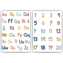 Laden Sie das Bild in den Galerie-Viewer, ABC Kinderposter 2er Set Alphabet Lernposter Buchstaben & Zahlen | Kinderzimmer Wandbilder Kindergarten Grundschule Kinder Lernhilfe Poster