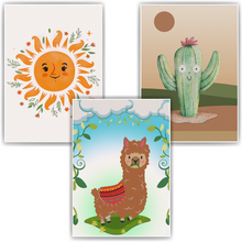 Laden Sie das Bild in den Galerie-Viewer, Sonne Lama Alpaka Kaktus Bilder 3er Set DIN A4 Kinderzimmer Wandbilder Babyzimmer Poster Dekoration