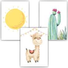 Laden Sie das Bild in den Galerie-Viewer, Sonne Lama Kaktus 3er Set Bilder Kinderzimmer Deko DIN A4 Poster Babyzimmer Wandbilder