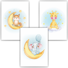 Laden Sie das Bild in den Galerie-Viewer, Fuchs Elefant Giraffe Mond 3er Set Kinderzimmer Bilder DIN A4 Wandbilder Deko Babyzimmer Poster