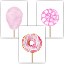 Laden Sie das Bild in den Galerie-Viewer, Süßigkeiten Zuckerwatte Donut Lollipop 3er Set Kinderzimmer Bilder DIN A4 Wandbilder Deko Babyzimmer Poster