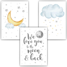 Laden Sie das Bild in den Galerie-Viewer, We Love You to the Moon and Back - 3er Set Bilder Kinderzimmer Deko DIN A4 Poster Babyzimmer Wandbilder