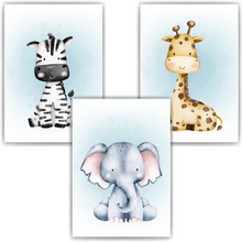 Laden Sie das Bild in den Galerie-Viewer, Safari Tiere 3er Set Bilder Zebra Elefant Giraffe Kinderzimmer Deko DIN A4 Poster Babyzimmer Wandbilder