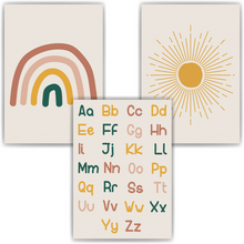 Laden Sie das Bild in den Galerie-Viewer, ABC Kinderposter 3er Set Lernposter Sonne Regenbogen Alphabet | Kinderzimmer Wandbilder Kindergarten Grundschule Lernhilfe