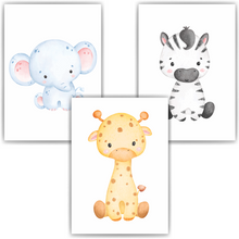 Laden Sie das Bild in den Galerie-Viewer, Niedliche Safari Tiere Elefant Zebra Giraffe 3er Set Kinderzimmer Bilder DIN A4 Wandbilder Deko Babyzimmer Poster