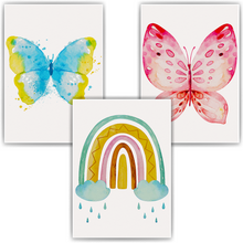 Laden Sie das Bild in den Galerie-Viewer, Bunte Schmetterlinge Regenbogen Bilder 3er Set DIN A4 Kinderzimmer Wandbilder Babyzimmer Poster Dekoration