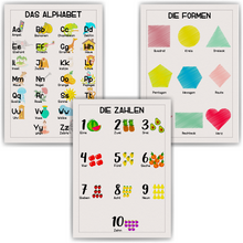 Laden Sie das Bild in den Galerie-Viewer, Kinderposter 3er Set ABC, Zahlen, Formen Lernposter Kinderzimmer Wandbilder Kindergarten Grundschule Alphabet Lernhilfe für Kinder