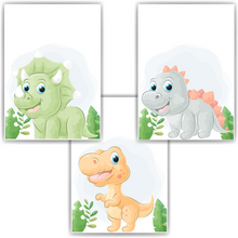 Laden Sie das Bild in den Galerie-Viewer, Dinosaurier 3er Set Bilder Baby Dinos Kinderzimmer Deko DIN A4 Poster Babyzimmer Wandbilder
