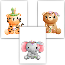 Laden Sie das Bild in den Galerie-Viewer, Indianer Tiere 3er Set Kinderzimmer Bilder DIN A4 Poster Babyzimmer Wandbilder Dekoration - Tiger Elefant Bär