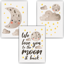 Laden Sie das Bild in den Galerie-Viewer, We love you - Mond 3er Set Kinderzimmer Bilder DIN A4 Wandbilder Deko Babyzimmer Poster