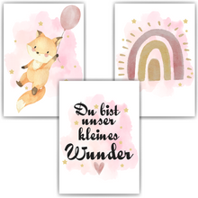 Laden Sie das Bild in den Galerie-Viewer, Kleines Wunder Fuchs Regenbogen Luftballon Bilder 3er Set DIN A4 Kinderzimmer Wandbilder Babyzimmer Poster Dekoration