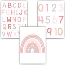 Laden Sie das Bild in den Galerie-Viewer, ABC Kinderposter 3er Set Lernposter Regenbogen Alphabet & Zahlen | Kinderzimmer Wandbilder Kindergarten Grundschule Kinder Lernhilfe Poster