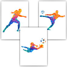 Laden Sie das Bild in den Galerie-Viewer, Farbenfrohe Fußballspieler 3er Set Kinderzimmer Fußball Bilder DIN A4 Poster Babyzimmer Wandbilder Dekoration