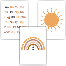 Laden Sie das Bild in den Galerie-Viewer, ABC Kinderposter 3er Set Lernposter Sonne Regenbogen Alphabet | Kinderzimmer Wandbilder Einschulung Kindergarten Grundschule Lernhilfe für Kinder