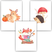 Laden Sie das Bild in den Galerie-Viewer, Waldtiere 3er Set Kinderzimmer Bilder DIN A4 Poster Babyzimmer Wandbilder Dekoration - Reh Fuchs Igel