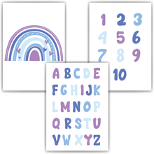 Laden Sie das Bild in den Galerie-Viewer, Alphabet & Zahlen Kinderposter 3er Set ABC Lernposter | Kinderzimmer Wandbilder Einschulung Kindergarten Grundschule Lernhilfe für Kinder