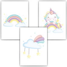 Laden Sie das Bild in den Galerie-Viewer, Einhorn Regenbogen Wolke 3er Set Kinderzimmer Bilder DIN A4 Poster Babyzimmer Wandbilder Dekoration