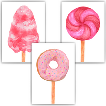 Laden Sie das Bild in den Galerie-Viewer, Candy Zuckerwatte Donut Lollipop 3er Set Bilder Süßigkeiten Kinderzimmer Deko DIN A4 Poster Wandbilder

