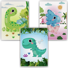 Laden Sie das Bild in den Galerie-Viewer, Dinosaurier Bilder 3er Set DIN A4 Kinderzimmer Dino Wandbilder Babyzimmer Poster Dekoration