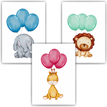 Laden Sie das Bild in den Galerie-Viewer, Safari Tiere Elefant Giraffe Löwe Luftballon 3er Set Kinderzimmer Bilder DIN A4 Wandbilder Deko Babyzimmer Poster