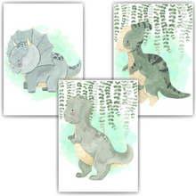 Laden Sie das Bild in den Galerie-Viewer, Niedliche Dinosaurier Bilder 3er Set DIN A4 Kinderzimmer Dino Wandbilder Babyzimmer Poster Dekoration