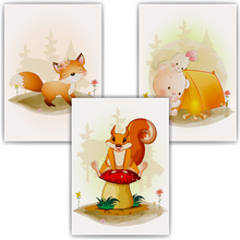 Laden Sie das Bild in den Galerie-Viewer, Waldtiere Fuchs Eichhörnchen Bär Hase Bilder 3er Set DIN A4 Kinderzimmer Wandbilder Babyzimmer Poster Dekoration