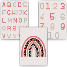 Laden Sie das Bild in den Galerie-Viewer, ABC Kinderposter 3er Set Lernposter Regenbogen Alphabet & Zahlen | Kinderzimmer Wandbilder Kindergarten Grundschule Lernhilfe für Kinder