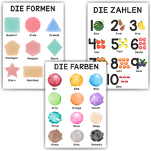 Laden Sie das Bild in den Galerie-Viewer, Kinderposter 3er Set Formen, Zahlen, Farben Lernposter Kinderzimmer Wandbilder Kindergarten Grundschule Alphabet Kinder Lernhilfe Poster