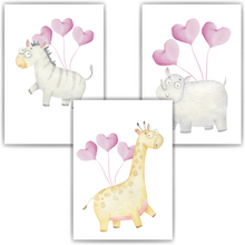 Laden Sie das Bild in den Galerie-Viewer, Luftballon Tiere 3er Set Kinderzimmer Bilder DIN A4 Poster Babyzimmer Wandbilder Dekoration - Esel Giraffe Nashorn