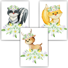 Laden Sie das Bild in den Galerie-Viewer, Waldtiere 3er Set Bilder Stinktier Reh Fuchs Kinderzimmer Deko DIN A4 Poster Babyzimmer Wandbilder