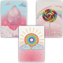 Laden Sie das Bild in den Galerie-Viewer, Zuckerwatte Lollipop Süßigkeiten Bilder 3er Set DIN A4 Kinderzimmer Wandbilder Babyzimmer Poster Dekoration