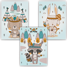Laden Sie das Bild in den Galerie-Viewer, Indianer Waldtiere Bär Waschbär Hase Bilder 3er Set DIN A4 Kinderzimmer Wandbilder Babyzimmer Poster Dekoration