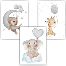 Laden Sie das Bild in den Galerie-Viewer, Süße Tiere 3er Set DIN A4 Kinderzimmer Wandbilder Babyzimmer Poster Dekoration Bär Elefant Giraffe