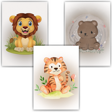 Laden Sie das Bild in den Galerie-Viewer, Löwe Tiger Bär Safari Bilder 3er Set DIN A4 Kinderzimmer Wandbilder Babyzimmer Poster Dekoration