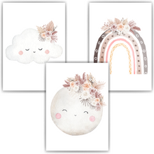 Laden Sie das Bild in den Galerie-Viewer, Mond Regenbogen Wolke Boho Bilder 3er Set DIN A4 Kinderzimmer Wandbilder Babyzimmer Poster Dekoration