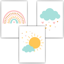 Laden Sie das Bild in den Galerie-Viewer, Regenbogen Wolke Sonne 3er Set Kinderzimmer Bilder DIN A4 Poster Babyzimmer Wandbilder Dekoration