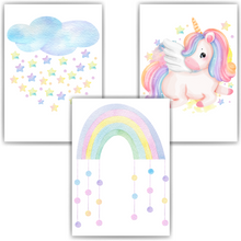 Laden Sie das Bild in den Galerie-Viewer, Regenbogen Einhorn Bilder 3er Set DIN A4 Kinderzimmer Wandbilder Babyzimmer Poster Dekoration
