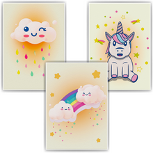 Laden Sie das Bild in den Galerie-Viewer, Regenbogen Einhorn Bilder 3er Set DIN A4 Kinderzimmer Wandbilder Babyzimmer Poster Dekoration