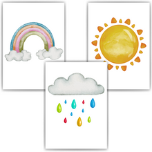 Laden Sie das Bild in den Galerie-Viewer, Wolke Sonne Regenbogen Bilder 3er Set DIN A4 Kinderzimmer Wandbilder Babyzimmer Poster Dekoration