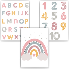 Laden Sie das Bild in den Galerie-Viewer, ABC Zahlen Kinderposter 3er Set Alphabet Lernposter Buchstaben & Zahlen | Kinderzimmer Wandbilder Kindergarten Grundschule Kinder Lernhilfe Poster