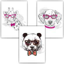 Laden Sie das Bild in den Galerie-Viewer, Giraffe Panda Dalmatiner Sonnenbrille Bilder 3er Set DIN A4 Kinderzimmer Wandbilder Babyzimmer Poster Dekoration