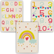 Laden Sie das Bild in den Galerie-Viewer, ABC Zahlen Kinderposter 3er Set Alphabet Lernposter Buchstaben & Zahlen | Kinderzimmer Wandbilder Kindergarten Grundschule Lernhilfe für Kinder