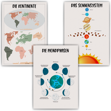 Laden Sie das Bild in den Galerie-Viewer, 3er Set Lernposter Kontinente Sonnensystem Mondphase Kinderposter | Kinderzimmer Wandbilder Kindergarten Grundschule Lernhilfe für Kinder